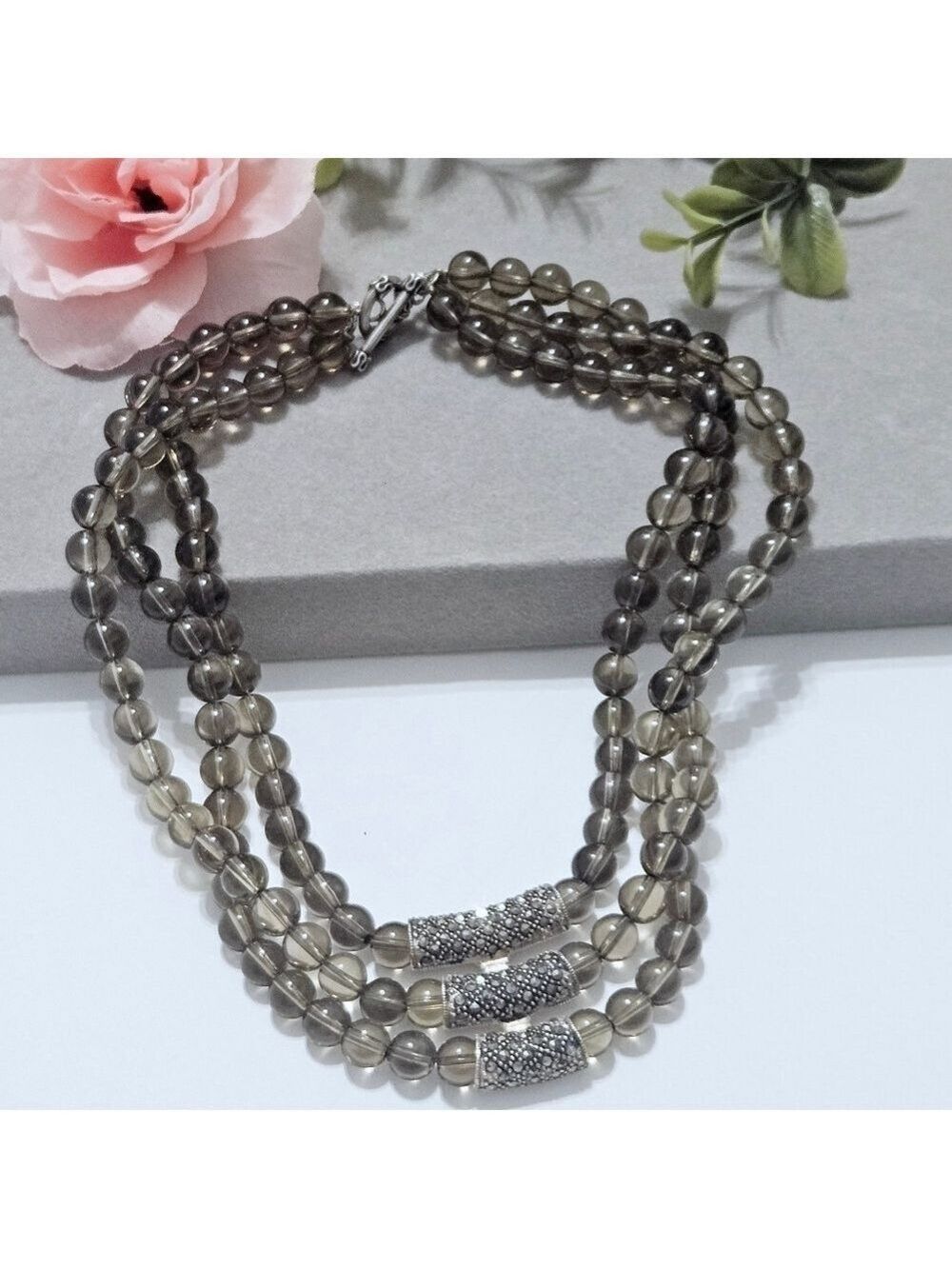 Vintage Triple Strand Natural Smoky Quartz .925 Sterling Silver Necklace - Picture 2 of 7